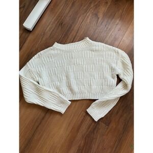 Willow & Wind Cream White Cropped Basketweave Knit Sweater Oversized Preppy M